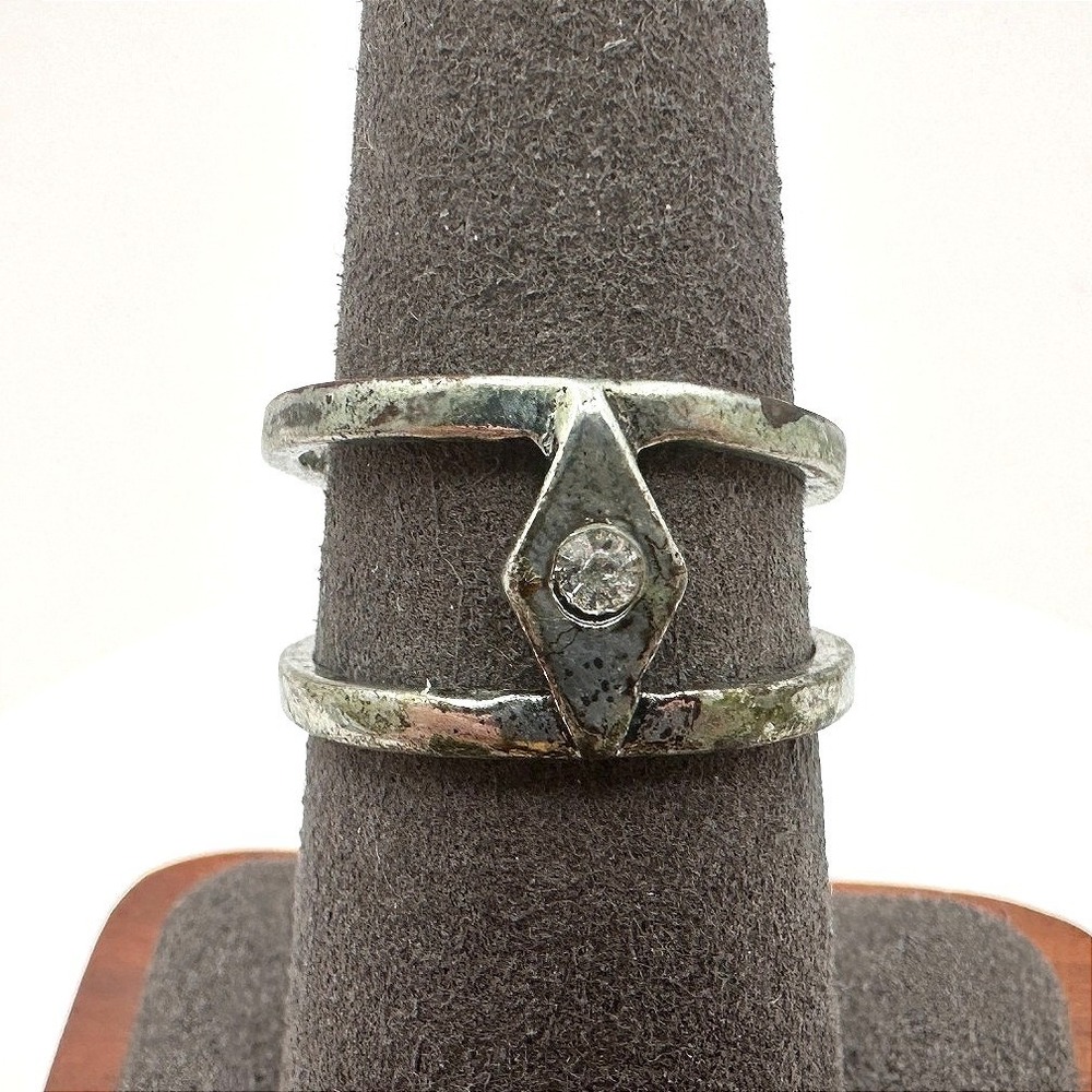 Vintage Y2K Silver Tone Diamond Shape Clear Rhinestone Ring Women's Jewelry Boho